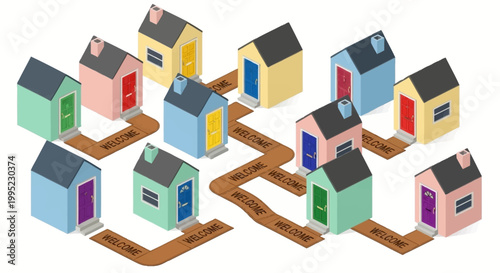 Vibrant Isometric Neighborhood: Diverse Colorful Houses Connected by Welcoming Paths, Community and Real Estate Concept
