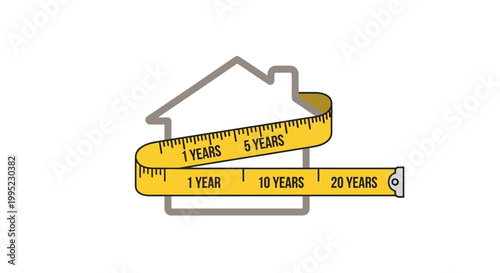 House age and property duration concept icon. Measuring tape with years around a home outline, symbolizing real estate timeline, mortgage, or investment.