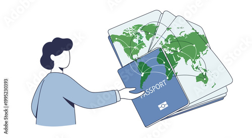 Global travel concept with person holding an international passport and fanning world maps, symbolizing worldwide journeys and exploration.