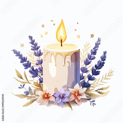 水彩画で描かれたキャンドルと花のイラスト