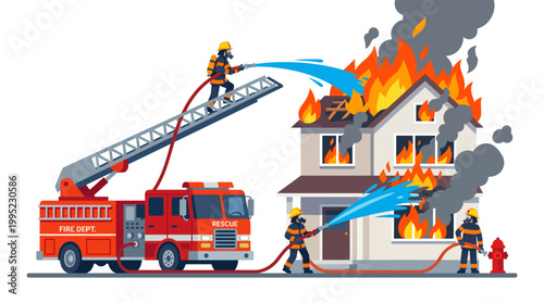 Firefighters extinguishing house fire with hoses and ladder truck