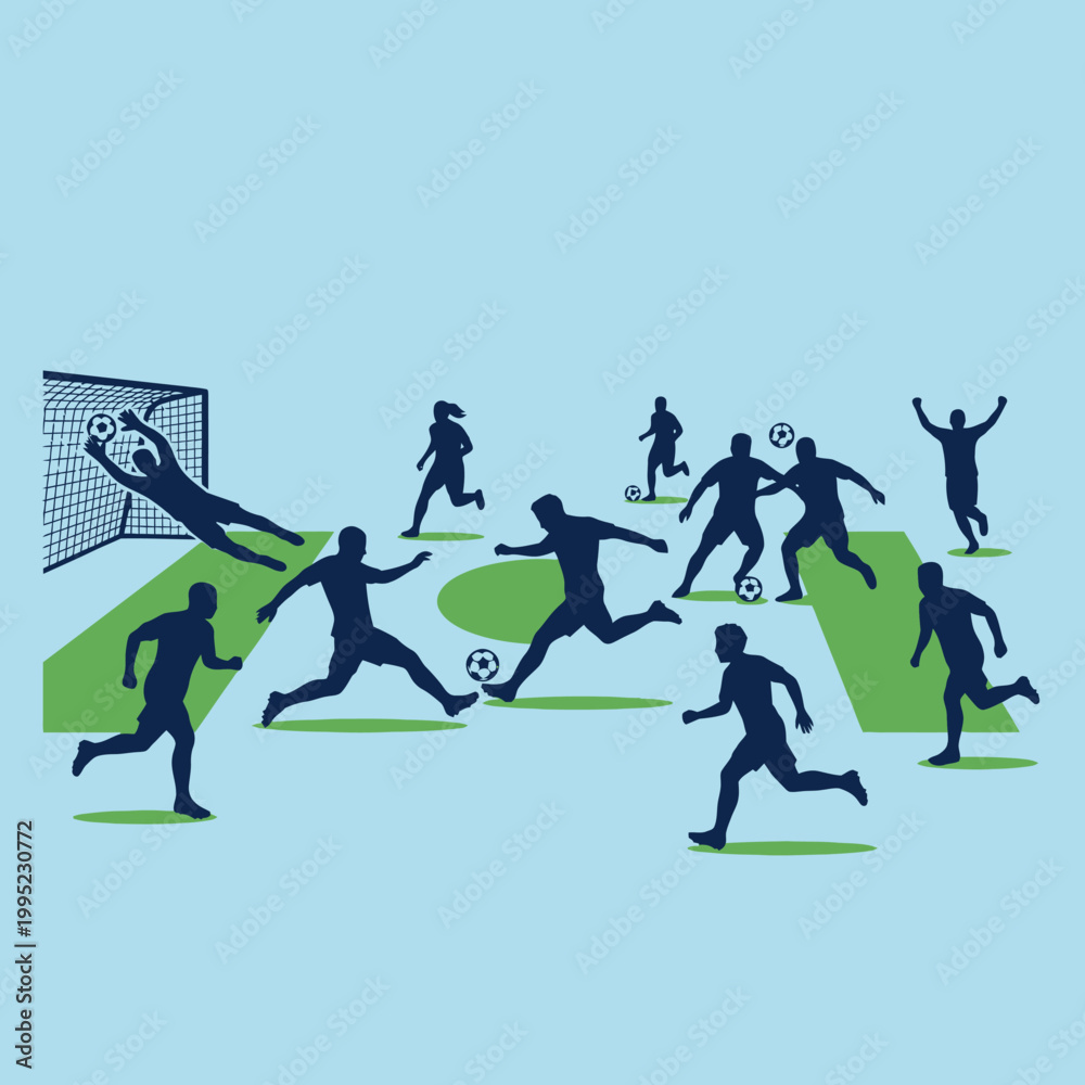 Fototapeta premium Silhouettes of soccer players in action on a field, with a goalkeeper diving to save a goal.