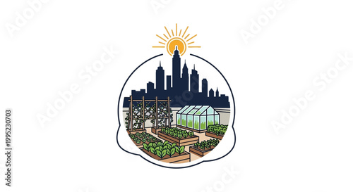 Urban farming concept with city skyline and greenhouse under a bright sun.