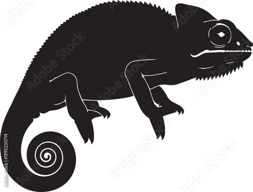 Chameleon black silhouette illustration isolated on white background looking to the right.