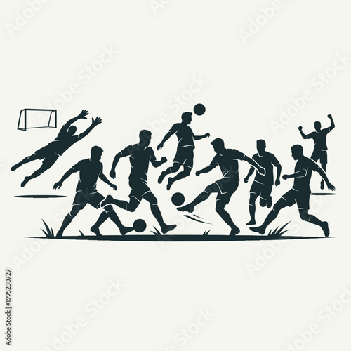 Silhouettes of soccer players in dynamic action on the field, including a goalkeeper, strikers, and midfielders during a game.