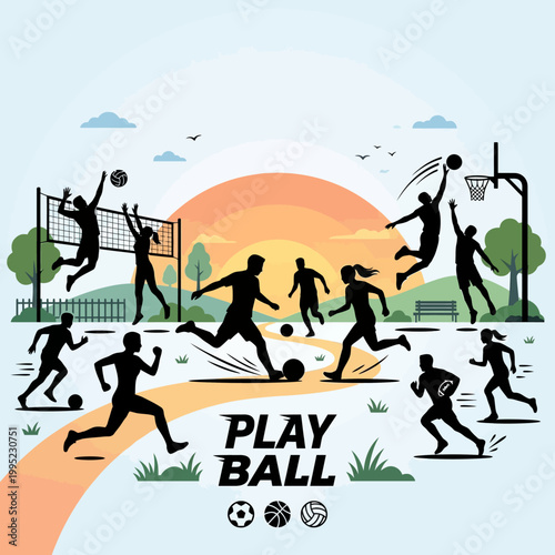 Silhouettes of soccer players in dynamic action on the field, including a goalkeeper, strikers, and midfielders during a game.