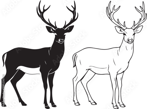 Black and white line art of two deer, a solid black and an outline, standing side by side.