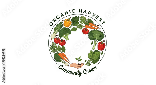 Organic Harvest Community Grown Logo with Fresh Vegetables.