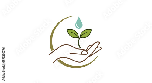 Hand nurturing a small plant with a water drop symbolizing growth and care.