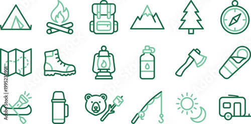 Collection of camping icons including tent, backpack, campfire, compass, map, and boots