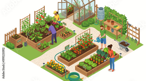 Community garden with people tending to vegetable plants in raised beds