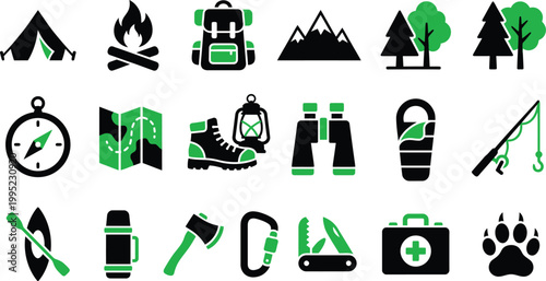 Collection of green and black camping icons representing outdoor activities and essential adventure gear for wilderness travel