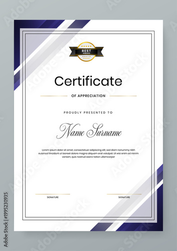 Portrait orientation certificate design with purple geometric patterns and formal gold badge for premium achievements