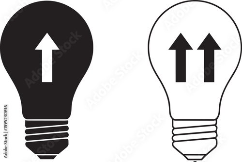 Lightbulb with rising arrows in black and white symbolizing success or idea.