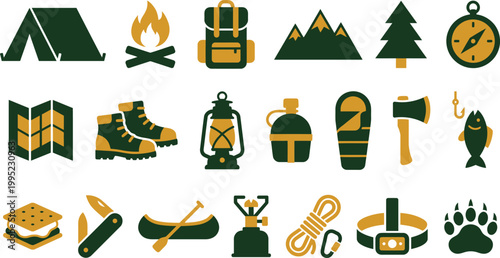 Collection of outdoor adventure camping icons including tent, campfire, backpack, and boots.