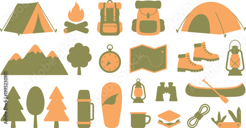 Collection of camping gear icons including tents, backpacks, and hiking boots for outdoor adventures