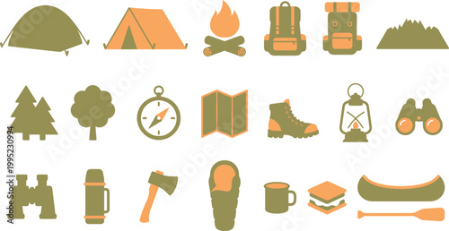 A collection of various colorful camping gear icons featuring essential equipment for outdoor adventure and wilderness survival