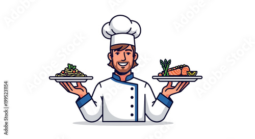 Smiling chef holding plates of delicious spaghetti and salmon