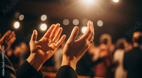 Spiritual worship crowd with lifted hands during religious event