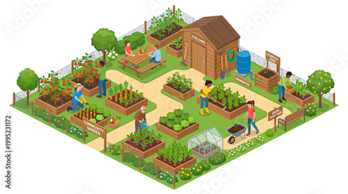 Isometric community garden with diverse people gardening and harvesting