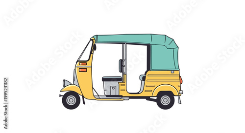 Yellow auto rickshaw with green canopy isolated on white background
