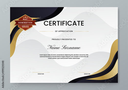 Professional award certificate featuring luxury gold and black fluid wavy design elements on a clean white background