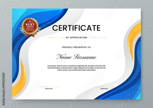 Clean and vibrant certificate template with blue and yellow fluid shapes perfect for corporate or educational recognition