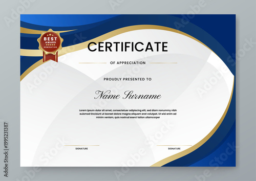 Minimalist yet luxury certificate of appreciation design with bold navy blue and gold accents on a white textured background