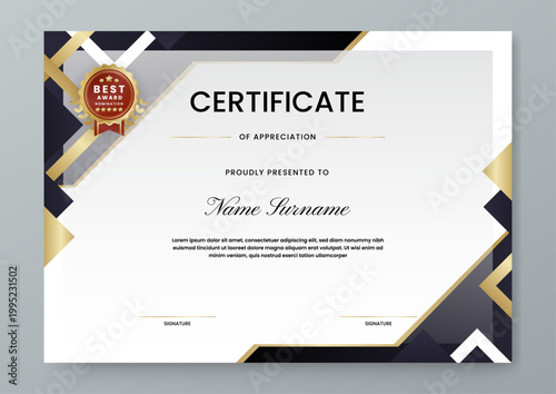 Sophisticated horizontal award certificate featuring a black and gold color palette with sharp geometric shapes and gold seal