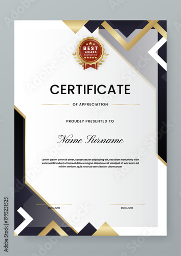 Elegant portrait award template featuring a professional black and gold geometric design with a premium nomination badge