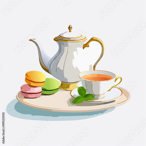 水彩画で描かれたティーセットのイラスト