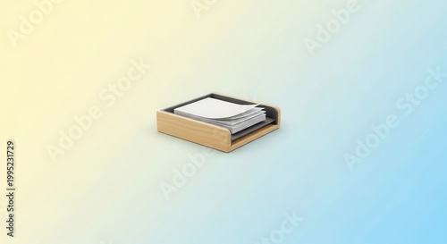 Wooden desk organizer with a stack of blank papers on a vibrant gradient background for office and