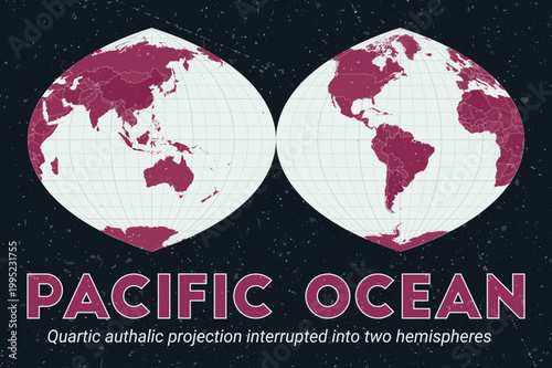 Pacific Ocean. World map. Quartic authalic projection interrupted into two hemispheres centered to Pacific Ocean. Pale Mint Dark Pink palette. Vintage texture. Elegant vector illustration.