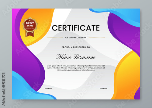 Horizontal layout of appreciation certificate with creative colorful liquid shapes and premium gold nomination badge for business excellence