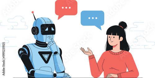 Artificial intelligence robot and woman communicating with chat bubbles vector illustration for digital customer support and virtual assistant technology design