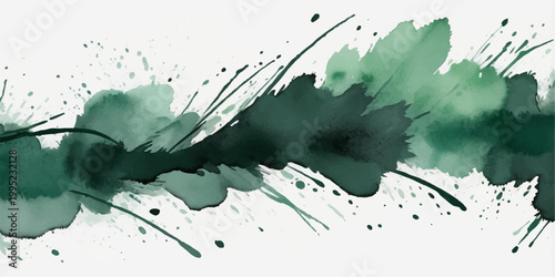A vibrant green paint and ink splash design featuring grunge watercolor textures, liquid splatters, and artistic brush strokes on a vector paper background