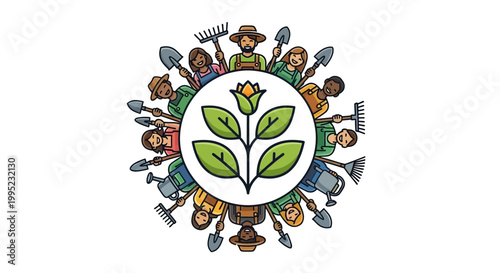 Diverse group of gardeners united around a central plant symbol.