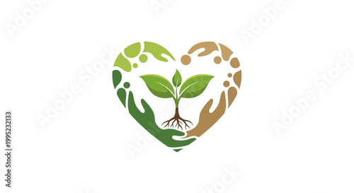 Heart-shaped hands nurturing a vibrant green plant with roots symbolizing growth and care.
