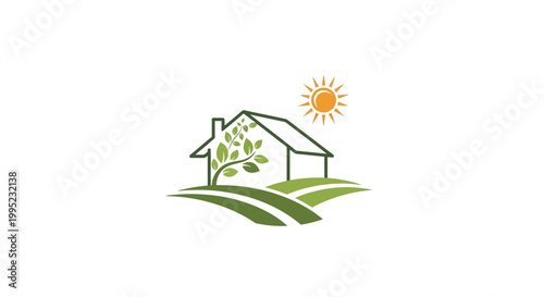 Eco-friendly house with green leaves and sun symbolizing sustainable living.