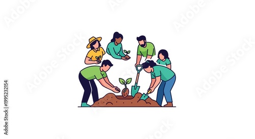Group of diverse people planting a small tree together symbolizing teamwork and environmental care.