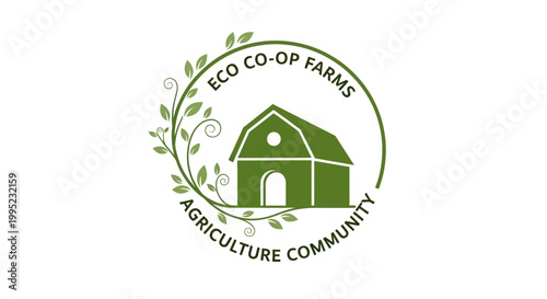 Eco Co-op Farms Agriculture Community Logo with Green Barn and Leafy Wreath.