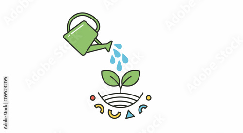 Watering can nurturing a small plant with vibrant green leaves.