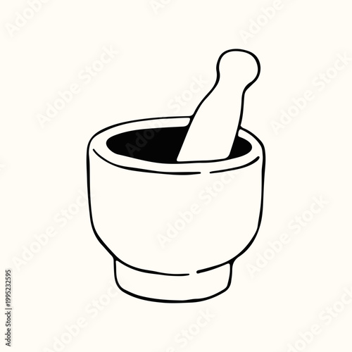 Doodle hand drawn mortar and pestle illustration, a traditional tool for grinding fresh herbs and spices. The rustic vector art is a great addition to organic food packaging and culinary blog designs