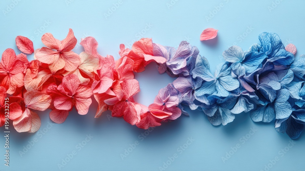 Fototapeta premium Hydrangea petals arranged in gradient colors with a heart shape on blue backdrop