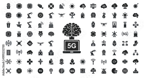 A comprehensive set of artificial intelligence, 5G, and IoT technology icons.
