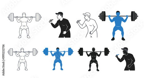 Fitness and Weightlifting Icons Set with Trainer and Squats