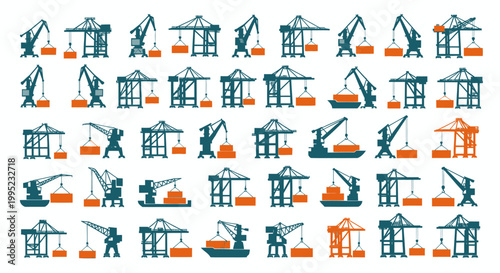 A collection of graphic illustrations featuring various port cranes and cargo containers for