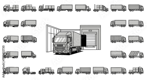 Collection of various delivery and cargo trucks with a central warehouse loading dock.