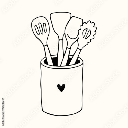 Kitchen utensil set in a ceramic holder decorated with a small heart. Minimalist hand drawn vector graphic perfect for home cooking and culinary lifestyle themes