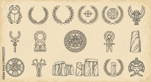 Collection of ancient mystical symbols and archaeological icons in vintage line art style.